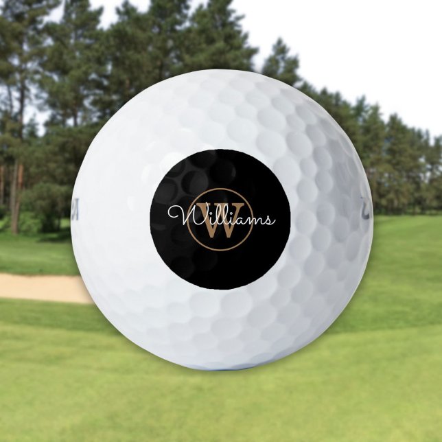 Personalisierter Name für Monogramm-Skripte Schwar Golfball (Personalized Monogram Script Name Black And Gold Golf Balls)