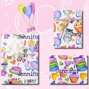 Personalisierter Name Geburtstag Balloons Kuchenge Geschenkpapier Set