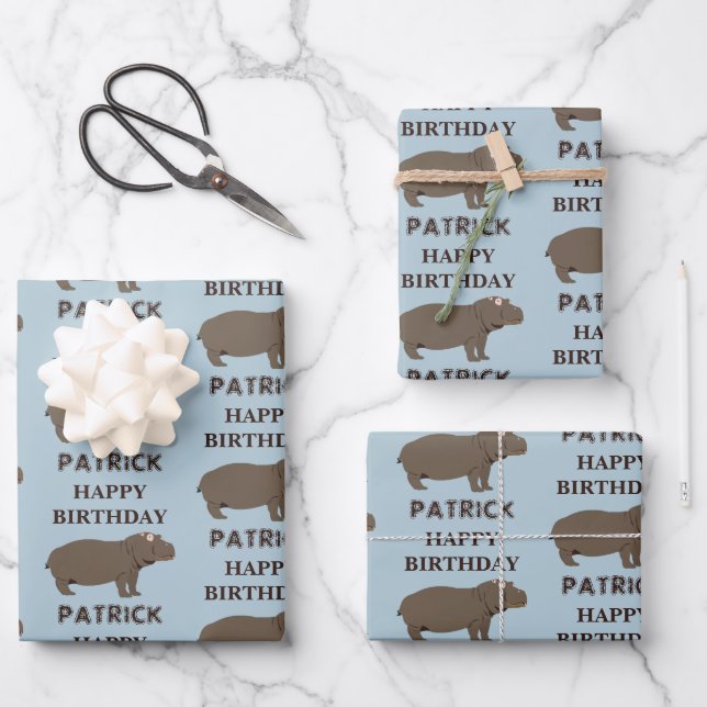 Personalisierter Name Geburtstag Hippopotamus Hipp Geschenkpapier Set (Vorderseite)