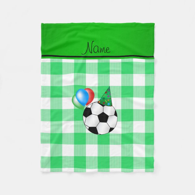 Personalisierter Name Geburtstagsoccer Grün Schach Fleecedecke (Vorderseite)