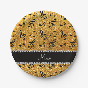 Personalisierter Name Gelb Glitzer Musiknoten Pappteller