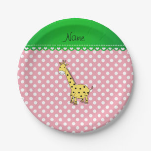 Personalisierter Name Gelbe Giraffe Rosa Polka Pun Pappteller