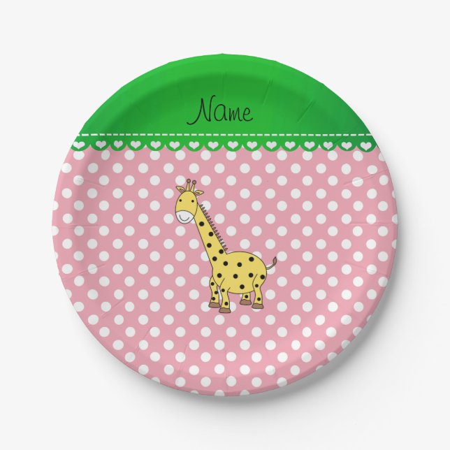 Personalisierter Name Gelbe Giraffe Rosa Polka Pun Pappteller (Vorderseite)