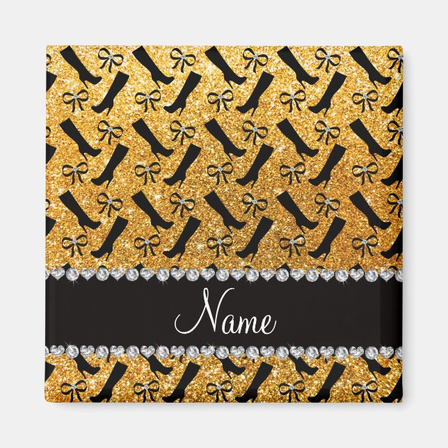 Personalisierter Name Gelbe Glitzer Stiefel Bows Magnet (Vorne)