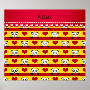 Personalisierter Name Gelbe Panda rote Herzstreife Poster
