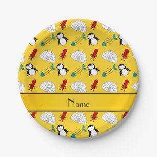 Personalisierter Name Gelbe Pinguine Iglu Fisch Ti Pappteller
