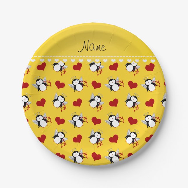 Personalisierter Name gelbe Pinguine Pappteller (Vorderseite)