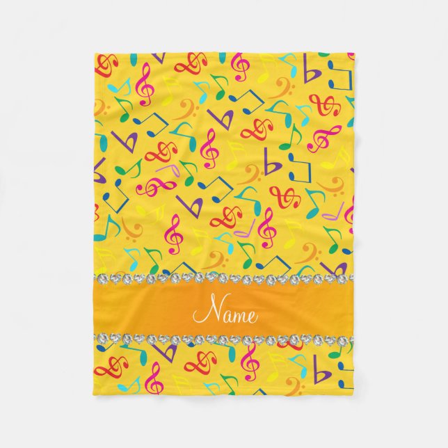 Personalisierter Name Gelber Regenbogen-Musiknoten Fleecedecke (Vorderseite)