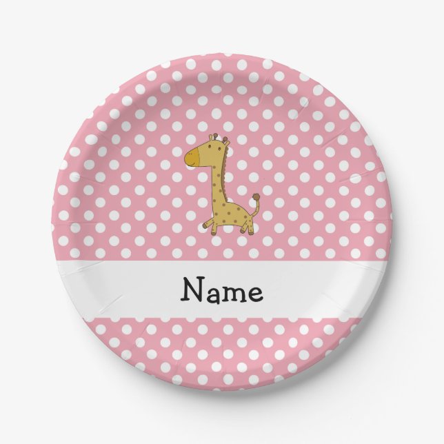 Personalisierter Name Giraffe Pink Polka Punkte Pappteller (Vorderseite)