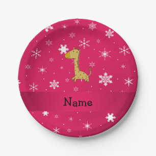 Personalisierter Name Giraffe Rosa Schneeflocken Pappteller