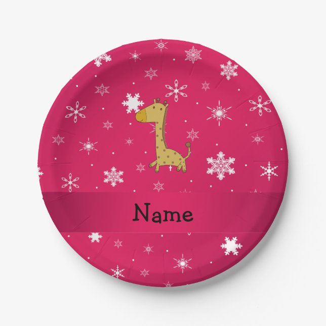 Personalisierter Name Giraffe Rosa Schneeflocken Pappteller (Vorderseite)