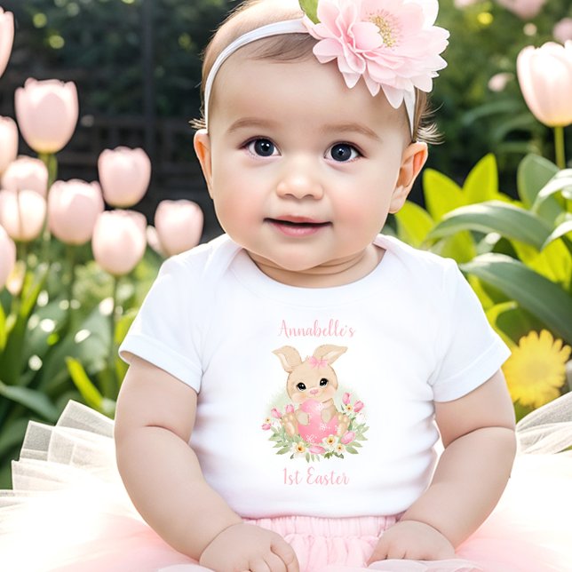 Personalisierter Name Girl Pink Bunny Egg Baby Strampler (First Easter Personalized Name Girl Pink Bunny Egg Baby Bodysuit)