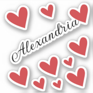 Personalisierter Name Girl Red Calligraphy Hearts Aufkleber