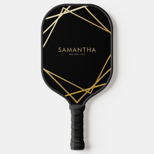 Personalisierter Name Gold Black Geometric Pickleball Schläger (Vorderseite)