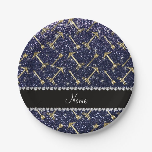 Personalisierter Name Goldpfeile marineblauer Glit Pappteller (Vorderseite)