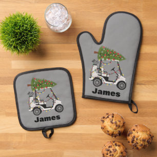 Personalisierter Name Golfer Weihnachten Golf Cart Ofenhandschuh & Topflappen-Set
