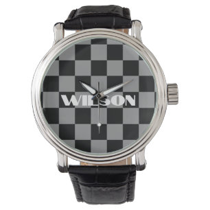 personalisierter Name grau und schwarz kariert Armbanduhr