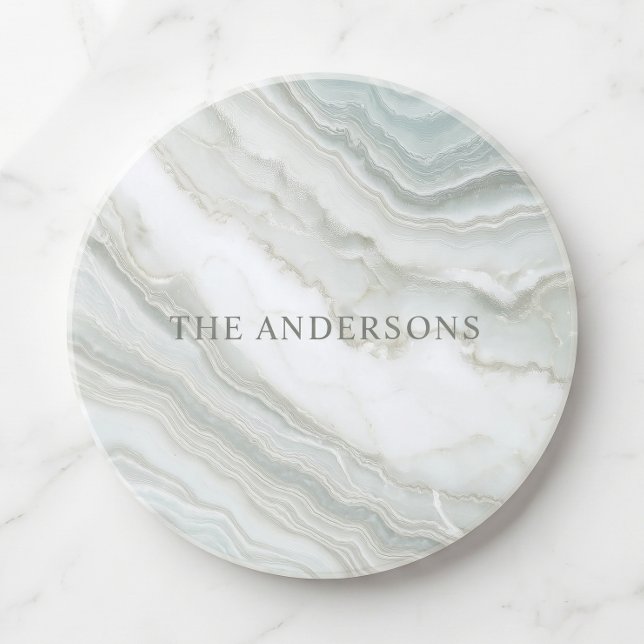 Personalisierter Name Grün Weiß Abstrakt Marmor Getränkeuntersetzer (Elegant, modern, luxury, personalized name, faux marble coaster )