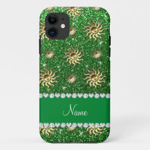 Personalisierter Name, grüne goldene Sonnen iPhone 11 Hülle