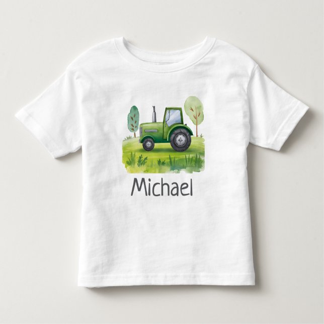 Personalisierter Name Grüner Traktor Kleinkind T-shirt (Vorderseite)