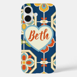 Personalisierter Name Herz Retro Art Deco Bunt iPhone 16 Hülle