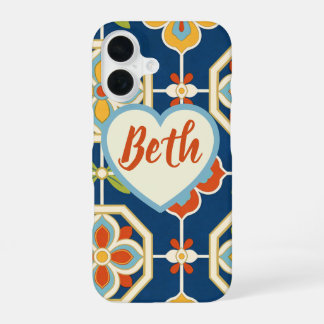 Personalisierter Name Herz Retro Art Deco Bunt iPhone 16 Hülle