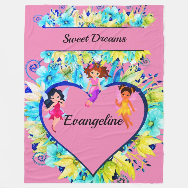 Personalisierter Name Herz und Fairies Fleecedecke (Vorderseite)