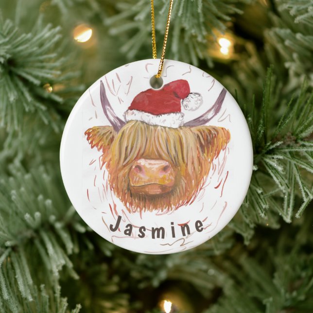 Personalisierter Name Highland Cow mit Weihnachtsh Keramik Ornament (Baum)