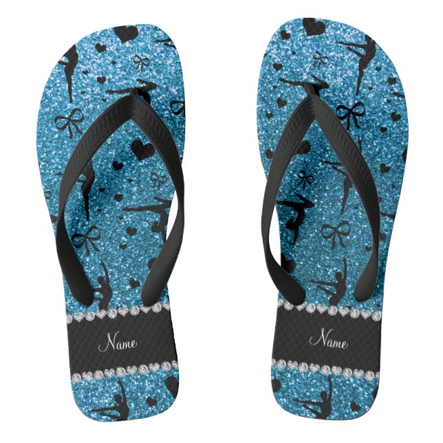 Personalisierter Name Himmelblau Glitzer Gymnastik Flip Flops (Fußbett)