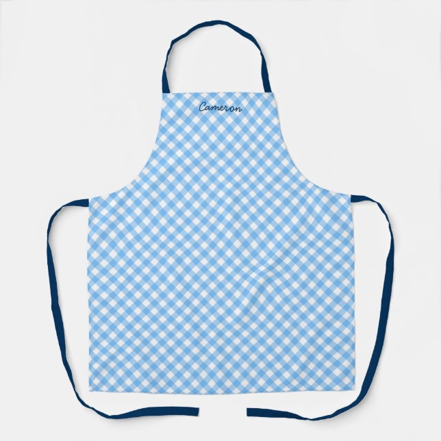 Personalisierter Name hinzufügen Baby Blue Gingham Schürze (Vorderseite)