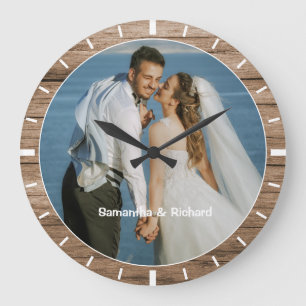 Personalisierter Name Hochzeitsheiz Foto Rustikale Große Wanduhr