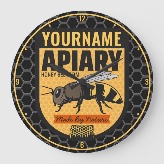 Personalisierter NAME Honey Bee Apiary Beehives Fa Große Wanduhr (Vorderseite)