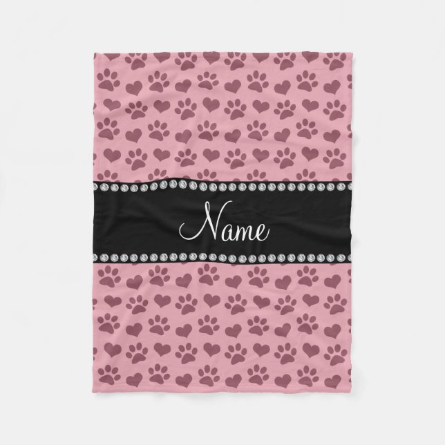 Personalisierter Name hübsche rosa Herzen und Pfot Fleecedecke (Vorderseite)