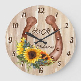 Personalisierter Name Hufeisen mit Sonnenblumenhol Große Wanduhr