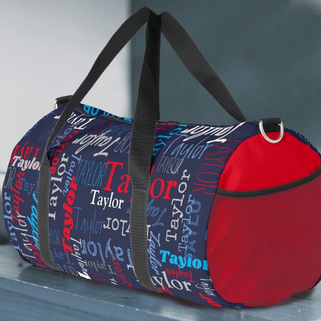 personalisierter Name in blau-graurot Duffle Bag (Von Creator hochgeladen)
