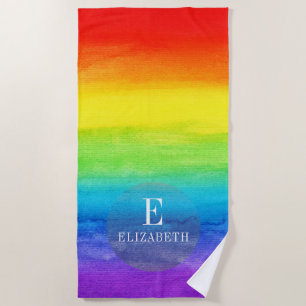 Personalisierter Name Initial Rainbow Watercolor Strandtuch