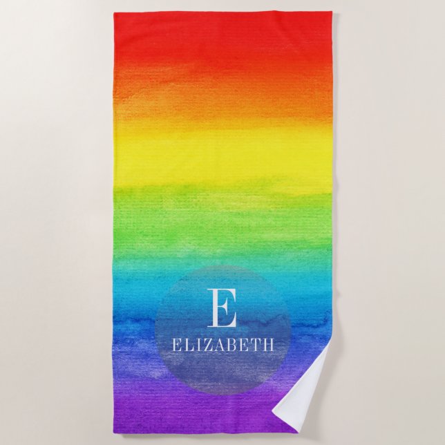 Personalisierter Name Initial Rainbow Watercolor Strandtuch (Vorderseite)