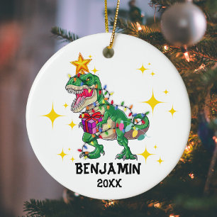 Personalisierter Name Jahr Dinosaur Weihnachtsjung Keramik Ornament