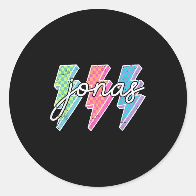 Personalisierter Name Jonas Lightning Bolt Checker Runder Aufkleber (Vorderseite)