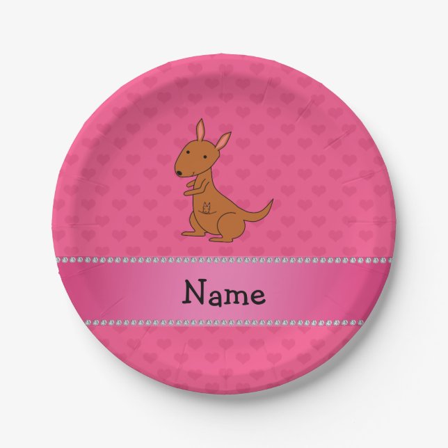 Personalisierter Name Kangaroo rosa Herzen Pappteller (Vorderseite)