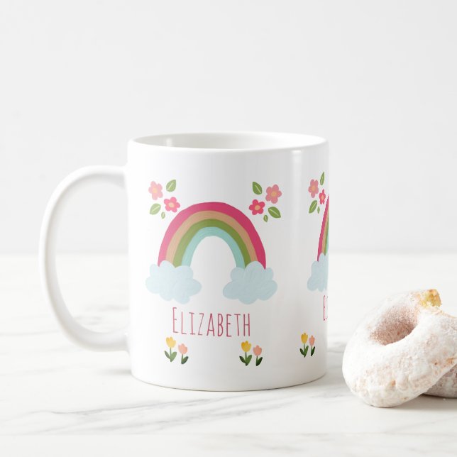 Personalisierter Name Kids Niedlich Regenbogenmädc Kaffeetasse (Mit Donut)