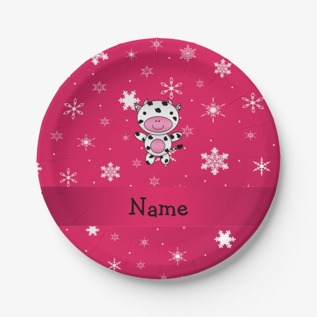 Personalisierter Name Kuh rosa Schneeflocken Pappteller (Vorderseite)