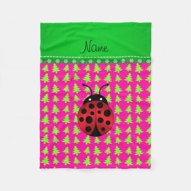 Personalisierter Name Ladybug rosa grüne Bäume Fleecedecke (Vorderseite)