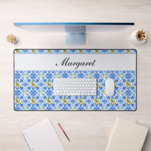 Personalisierter Name Lemon Azulejo Blaues Fliesen Schreibtischunterlage