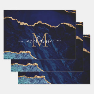 Personalisierter Name Letter Navy Blue Gold Marmor Geschenkpapier Set