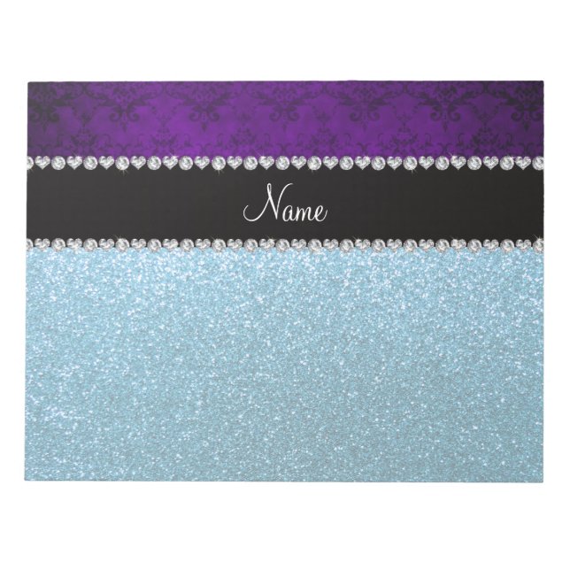Personalisierter Name lila Damast Himmelblau Glitz Notizblock (Vorderseite)
