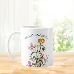 Personalisierter Name Lila Gelbe Wildblume Bouquet Kaffeetasse