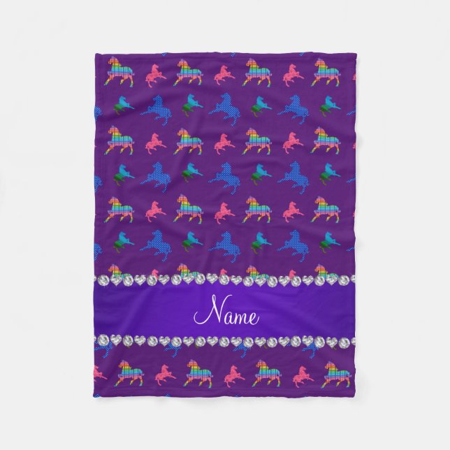 Personalisierter Name lila gemusterte Pferde Fleecedecke (Vorderseite)