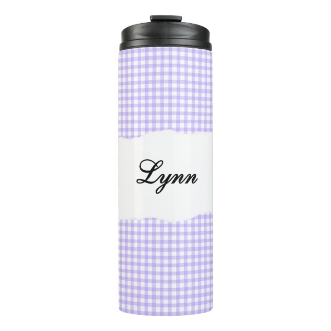 Personalisierter Name Lila Gingham-Muster Thermosbecher (Vorderseite)
