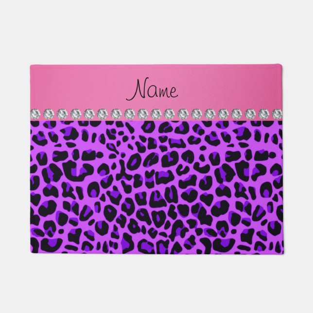 Personalisierter Name lila Leopard rosa Streifen Fußmatte (Vorderseite)